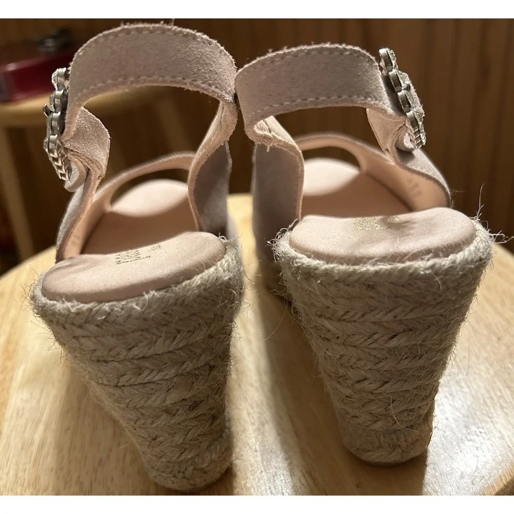 Paseart Spain Leather Suede Jute Espadrille Wedge Sandals Peep‎ Toe Rhinestone 9